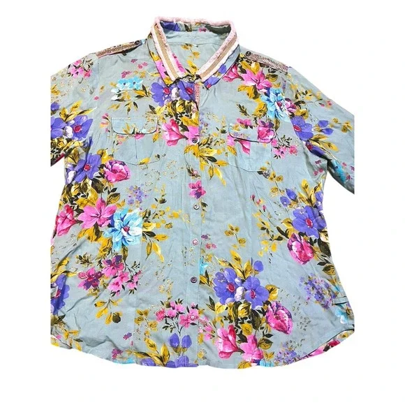 Aratta Silent Journey Floral Button Down Sage Green Tunic Fringe Boho Top Large - Picture 5 of 10